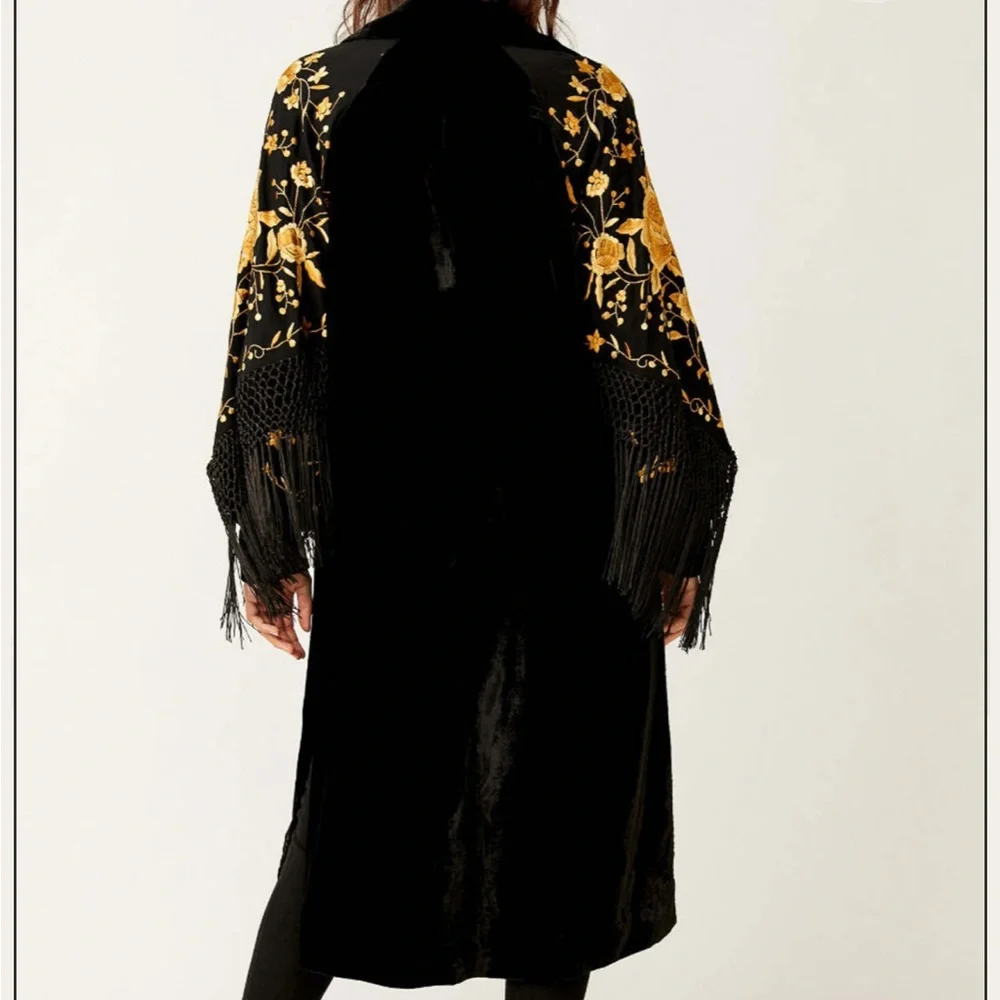 Free People Bali Rosalina Duster, Black Velvet, Gold Embroidery, Fringe Sleeves - Picture 9 of 9